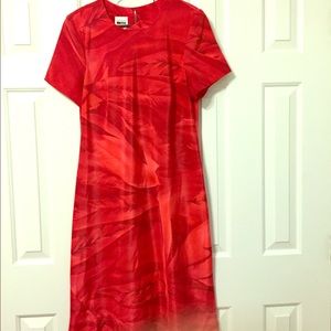 Leslie Fay palm tree leaves print red silk dress